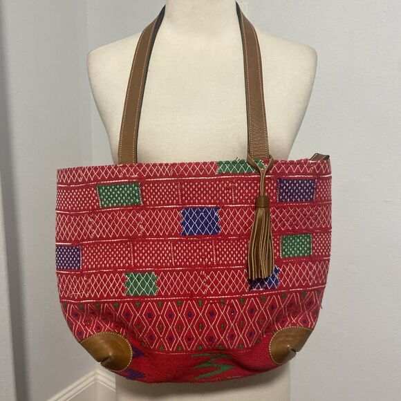 Woven Handmade Multicolor Boho Vegan Leather Trim Tote Bag - Picture 2 of 12